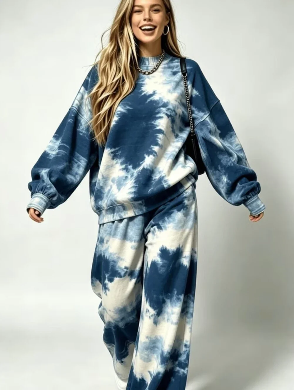 Blue Tie Dye Wide Leg Sweatpants and Sweatshirt Set